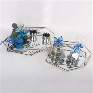 Kız İsteme Tepsisi-Mavi Çiçekli Damat Kahvesi ve Nişan Tepsisi Seti